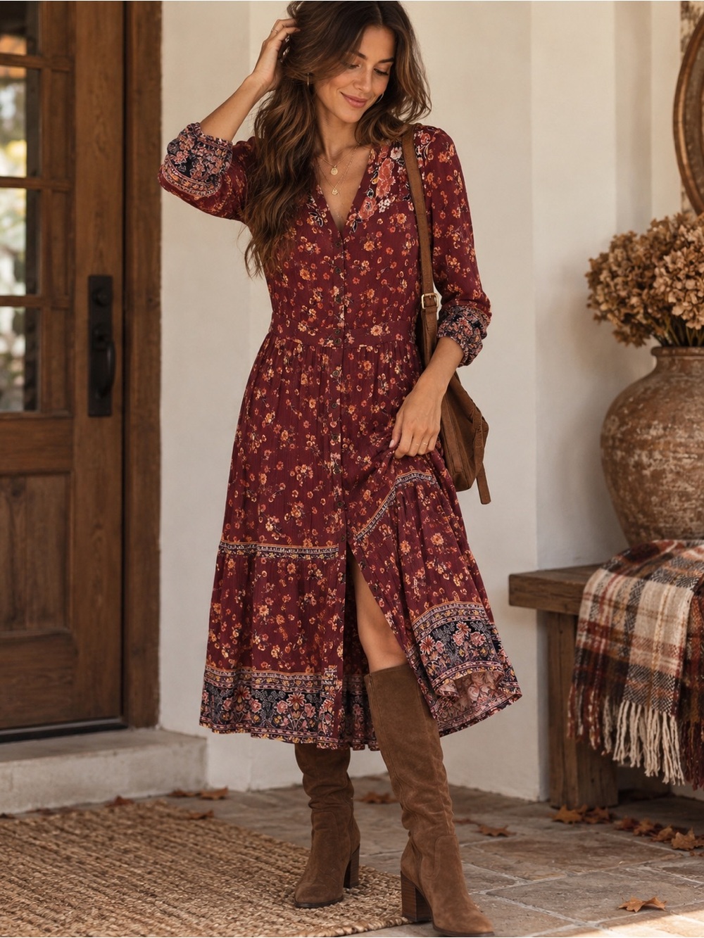 Knox Rose Burgundy Floral Boho Button Front Midi Dress XS